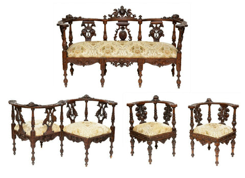 Antique Parlor Set, Italian Renaissance-Revival Five-Piece Walnut-Carved, 1800s! - Old Europe Antique Home Furnishings
