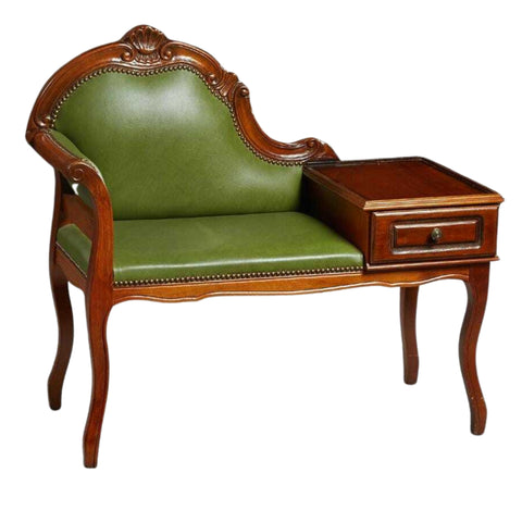 Antique Phone Bench, French Carved Mahogany, Green Leather, Early 1900s Charming - Old Europe Antique Home Furnishings