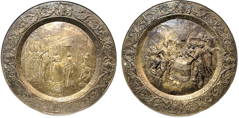 Antique Plates, Large Pair of Bronze Plates, 38.75 Ins., Handsome Home Decor! - Old Europe Antique Home Furnishings