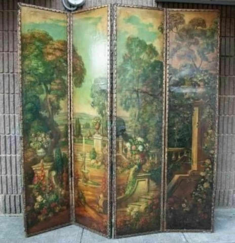 Antique Room Divider / Screen, Dressing, Folding, Victorian Oil Painted, 1800's! - Old Europe Antique Home Furnishings
