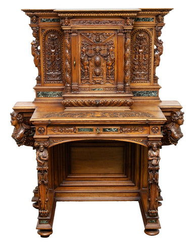 Antique Secretary, French Renaissance Revival Figural Carved, Walnut and Marble! - Old Europe Antique Home Furnishings