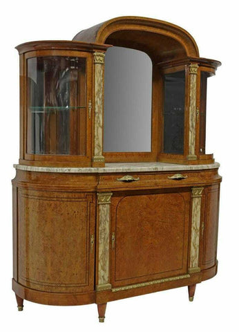 Antique Server, Sideboard, Display, French Marble-Top Burlwood, Mirror, 1900's!! - Old Europe Antique Home Furnishings