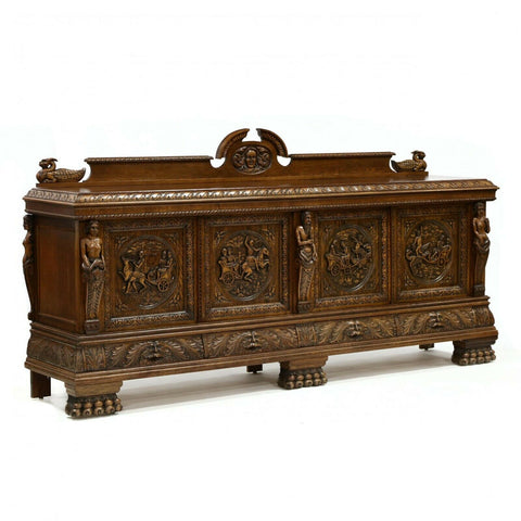 Antique Server, Sideboard, Monumental Continentall Renaissance Revival Carved Oak!! - Old Europe Antique Home Furnishings