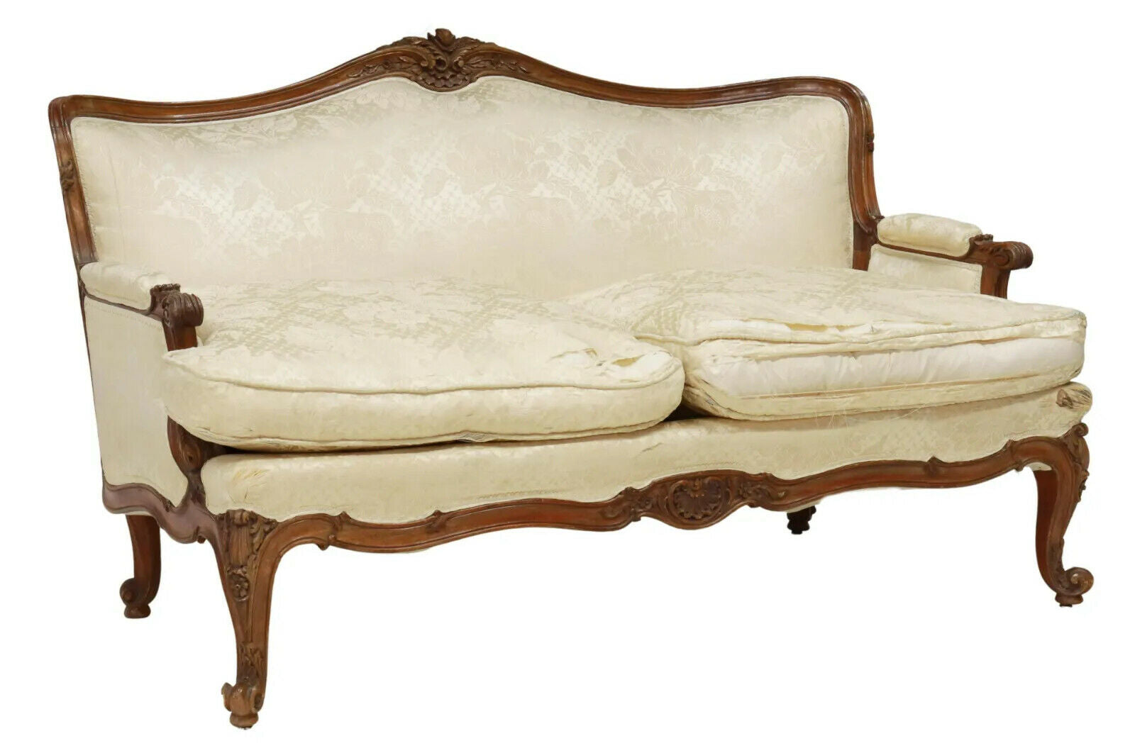 Antique Settee, Louis XV Style, Carved, Upholstered Sofa, Mahogny