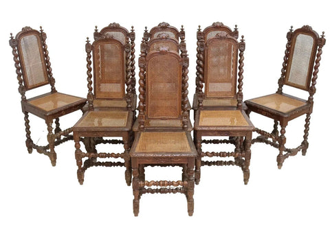 Antique Side Chairs, (9), Henri II Style, Carved Wood, Caned, Crests, 1800s!! - Old Europe Antique Home Furnishings