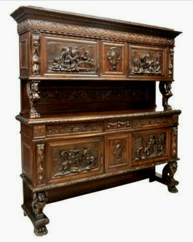 Antique Sideboard / Buffet Cabinet, Renaissance Revival Figural Carved, 1900's!! - Old Europe Antique Home Furnishings