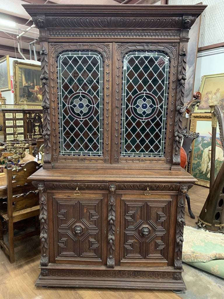 Antique Sideboard, Buffet Server, Dutch Stained Glass Sideboard