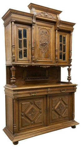 Antique Sideboard, French Henri II Style, Carved Walnut,1800's, Handsome! - Old Europe Antique Home Furnishings