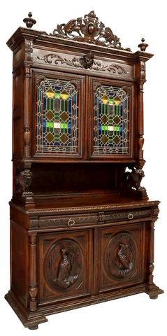 Antique Sideboard, Hunt, French Carved Oak & Stained Leaded Glass, Crest, 1800s - Old Europe Antique Home Furnishings