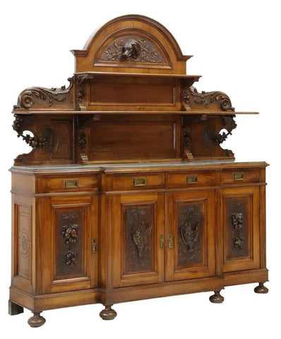 Antique Sideboard, Italian Carved, Walnut, Hunt, Arched Crest, Shelves, 1800's! - Old Europe Antique Home Furnishings