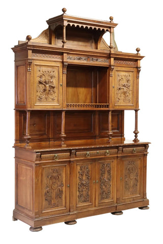 Antique Sideboard, Italian Renaissance Revival Carved Walnut, Figural, 1800s! - Old Europe Antique Home Furnishings