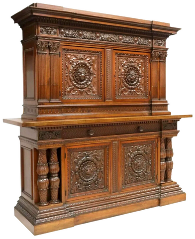 Antique Sideboard, Italian Renaissance Revival Walnut, Lions, Foliate, 1900's - Old Europe Antique Home Furnishings
