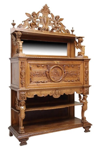 Antique Sideboard, Renaissance Revival Carved Walnut, Figural, Crest, 1800s!! - Old Europe Antique Home Furnishings