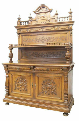 Antique Sideboard, Walnut,French Fruit & Foliate Carved, 1800's, Handsome! - Old Europe Antique Home Furnishings