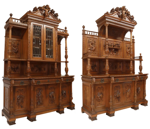 Antique Sideboards, Monumental, Renaissance Revival Walnut, Pair, Carved, 1800s - Old Europe Antique Home Furnishings