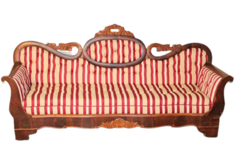 Antique Sofa, Empire Period, Medallion Back, New Upholstery, Red/Beige, 1800's! - Old Europe Antique Home Furnishings