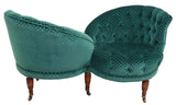 Antique Sofa, Victorian Tete-A-Tete Conversation Sofa, Green Velvet, Late 1800s! - Old Europe Antique Home Furnishings