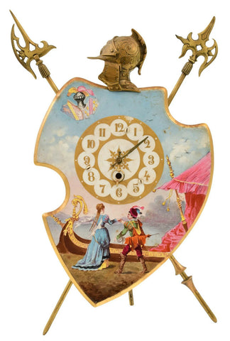Antique Swiss Coat of Arms Desk Clock, Brass Frame, Halberds, Shield, 1900's!! - Old Europe Antique Home Furnishings