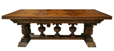 Antique Table, Dining, Large Carved Oak Draw-Leaf, Early 1900s, Handsome! - Old Europe Antique Home Furnishings