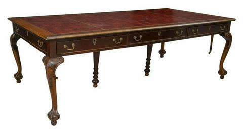 Antique Table, Library, Mahogany, Chippendale Style Red  Leather,  Early 1900s!! - Old Europe Antique Home Furnishings