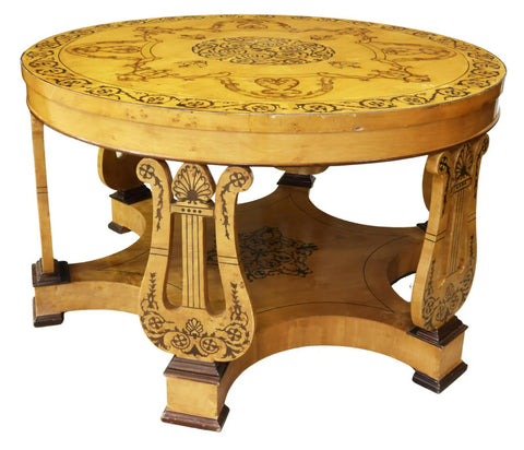 Antique Table, Center, Biedermeier Style Marquetry Circular, Lyre, Early 1900's - Old Europe Antique Home Furnishings