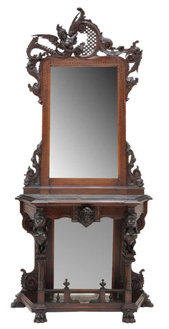 Antique Table, Console, Italian Renaissance Revival Mirrored, Crest, 1800's!! - Old Europe Antique Home Furnishings