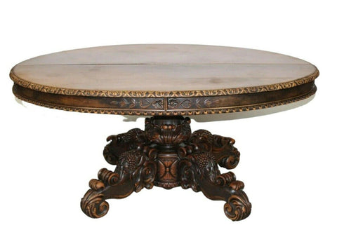 Antique Table, Dining, French, Pedestal, Walnut, Oval, Carved w/ Grapes 1800s! - Old Europe Antique Home Furnishings