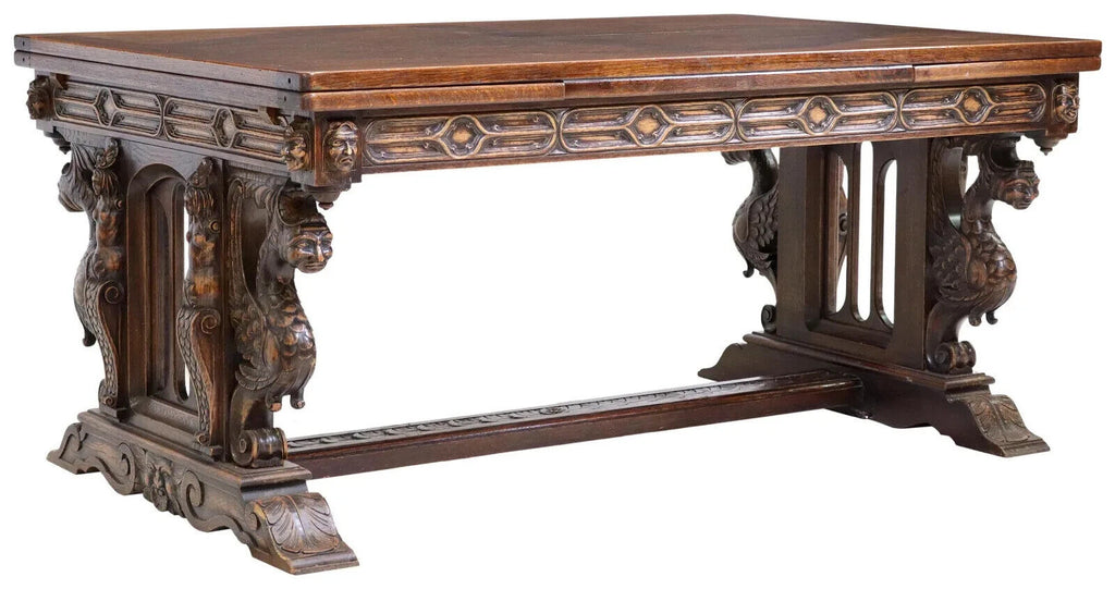 Antique Table, Draw Leaf, Renaissance Revival, Carved Oak, Grotesques ...