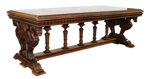 Antique Table, French Baroque, Carved, Griffin Base, Columnar Supports, 1800s!! - Old Europe Antique Home Furnishings