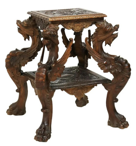 Antique Table, Side, Renaissance Revival Carved Griffin, Shield Design, 1800's! - Old Europe Antique Home Furnishings