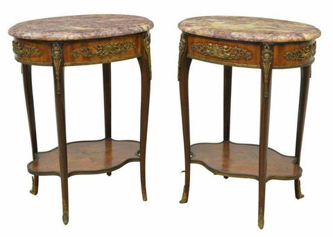Antique Tables, Side, Mahogany, French Louis XV Style Marble-Top, Pair, Gorgeous!! - Old Europe Antique Home Furnishings