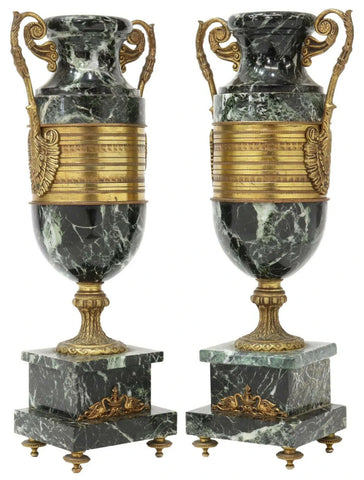 Antique Urn Garnitures, French Bronze-Mounted Marble, Scrolled Handles, 1800's!! - Old Europe Antique Home Furnishings