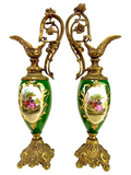 Antique Urns, French, Porcelain and Bronze, Green, Gold, Pair, Courting Scene! - Old Europe Antique Home Furnishings
