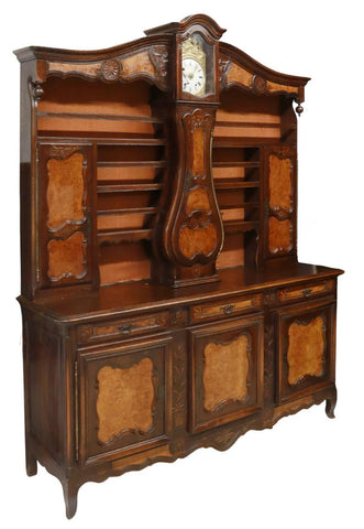 Antique Vaisselier / Sideboard, Clock French Louis XV Style. Oak, Burlwood,1800s - Old Europe Antique Home Furnishings