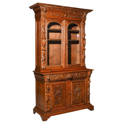 Antique Cupboard, Renaissances Style, Carved Oak, Figural Relief, 19th C. 1800s - Old Europe Antique Home Furnishings
