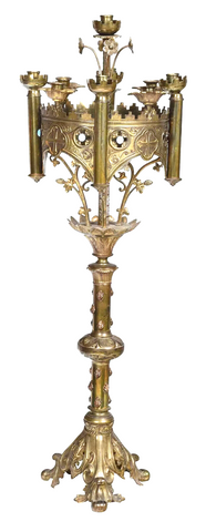 Antique, Gothic Revival, Gilt Brass, "Jeweled" Nine-Light Candelabra, 1800's!! - Old Europe Antique Home Furnishings