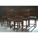 Antique Embossed Leather Dining Chairs, Set of Six Henri II Style Carved Walnut - Old Europe Antique Home Furnishings