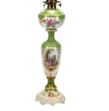 Antique Lamp, Porcelain, Floral, Converted Oil, Green Gilt, German,Early 20th C. - Old Europe Antique Home Furnishings