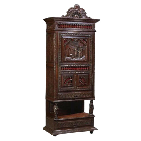 Antique Cabinet, Bonnetiere, Brittany, French Provincial Carved Oak, 1800's! - Old Europe Antique Home Furnishings