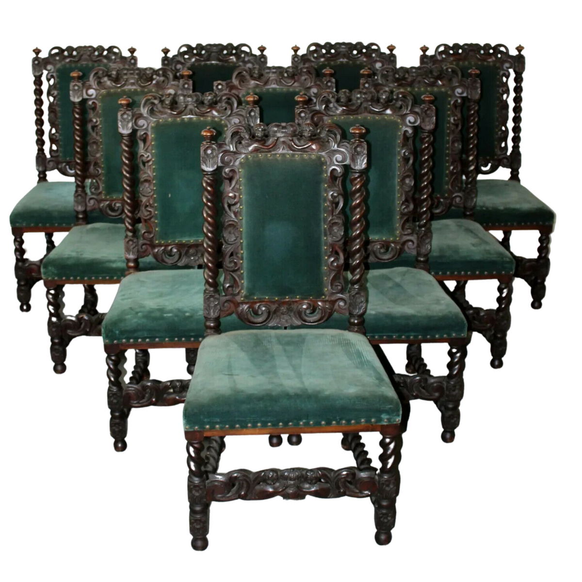 Antique Chairs, Ten French Renaissance Chairs,Upholstered in Dark Green ...