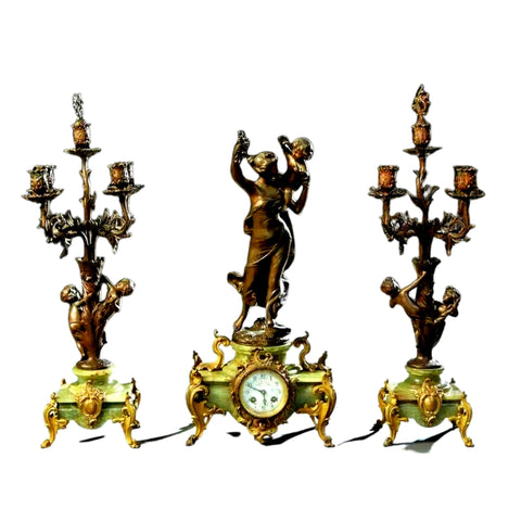 Antique Clock, Mantel, Three-Piece Patinated Spelter, Green Onyx Figural, 1900's - Old Europe Antique Home Furnishings