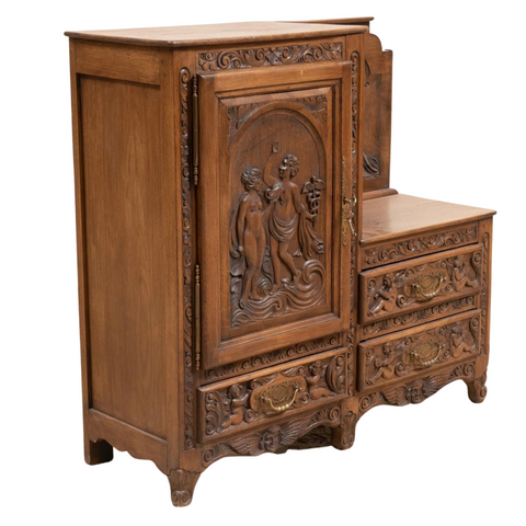 Antique Chiffonier, Renaissance Revival Asymmetrical, Carved, with Seat, 1800's - Old Europe Antique Home Furnishings