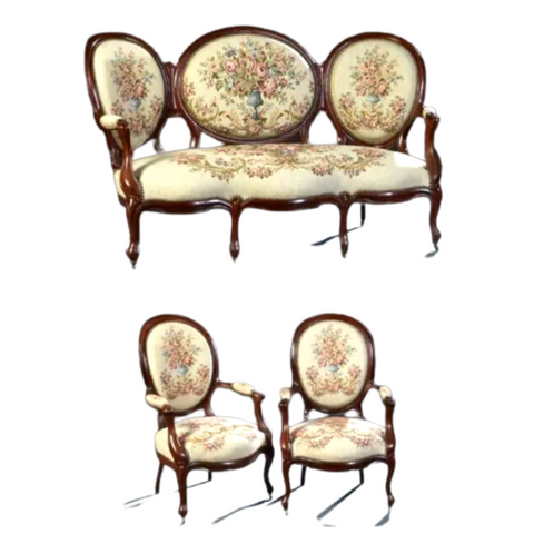 Antique Parlor Suite, French Louis Philippe, Three Piece Carved, Cherry, 1800s! - Old Europe Antique Home Furnishings
