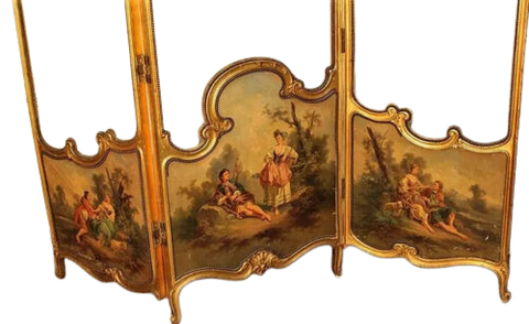 Antique Screen, Dressing, Hand Painted Courting Scenes, 3 Panels, Gilt,  Lovely!