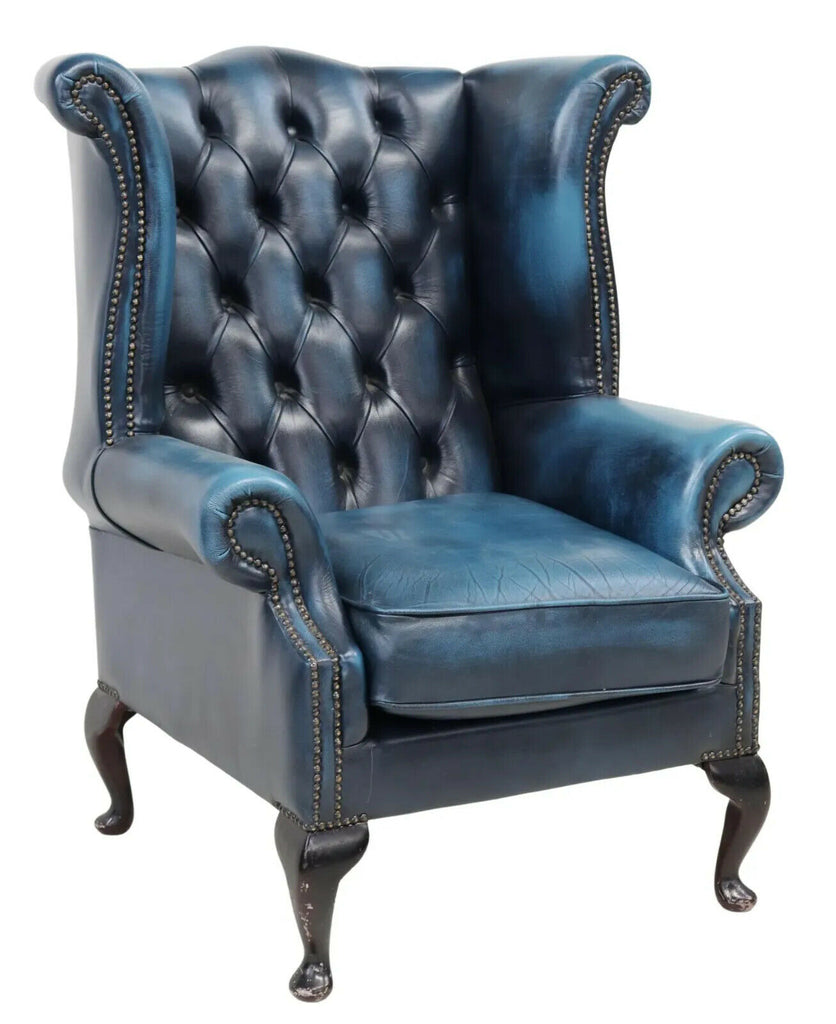 Armchair Wingback Leather Blue Queen Anne Style English Button