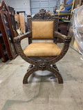 Armchair, Continental Curule Chair, Wood, Upholstered, Vintage / Antique!! - Old Europe Antique Home Furnishings
