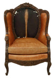 Armchair, Wingback, Cowhide & Leather, Nailhead Trim, Large, Carved Lyre Crest! - Old Europe Antique Home Furnishings