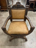 Armchair, Continental Curule Chair, Wood, Upholstered, Vintage / Antique!! - Old Europe Antique Home Furnishings