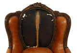 Armchair, Wingback, Cowhide & Leather, Nailhead Trim, Large, Carved Lyre Crest! - Old Europe Antique Home Furnishings