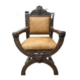 Armchair, Continental Curule Chair, Wood, Upholstered, Vintage / Antique!! - Old Europe Antique Home Furnishings
